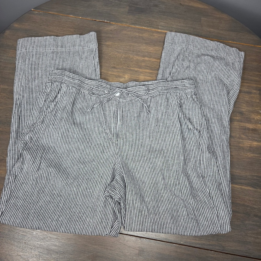 Talbots Womens 16 Pants Linen Cotton Striped Wide Leg Coastal Nautical Gray Wht